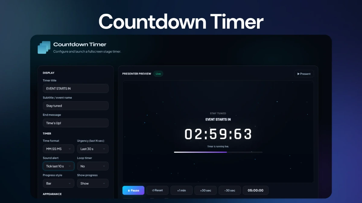Event Assets Countdown Timer — presenter controls and stage view